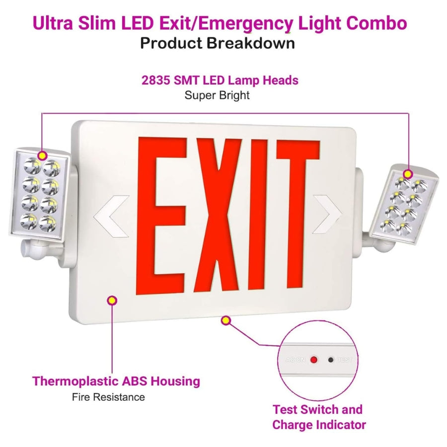 8 Pack Double Sided LED Emergency EXIT Sign Combo, Two LED Lights, Backup Battery, US Standard Red Letter Emergency Exit Lighting, Commercial Grade, 120-277V, Fire Resistant (UL 94V-0)