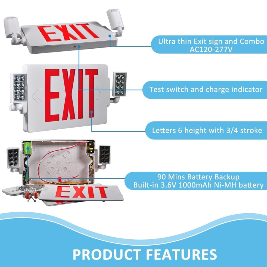 Double Sided LED Emergency EXIT Sign Combo, Two LED Lights, Backup Battery, US Standard Red Letter Emergency Exit Lighting, Commercial Grade, 120-277V, Fire Resistant (UL 94V-0) 2 Pack