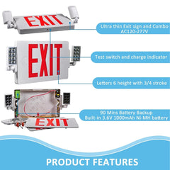 Double Sided LED Emergency EXIT Sign Combo, Two LED Lights, Backup Battery, US Standard Red Letter Emergency Exit Lighting, Commercial Grade, 120-277V, Fire Resistant (UL 94V-0) 2 Pack