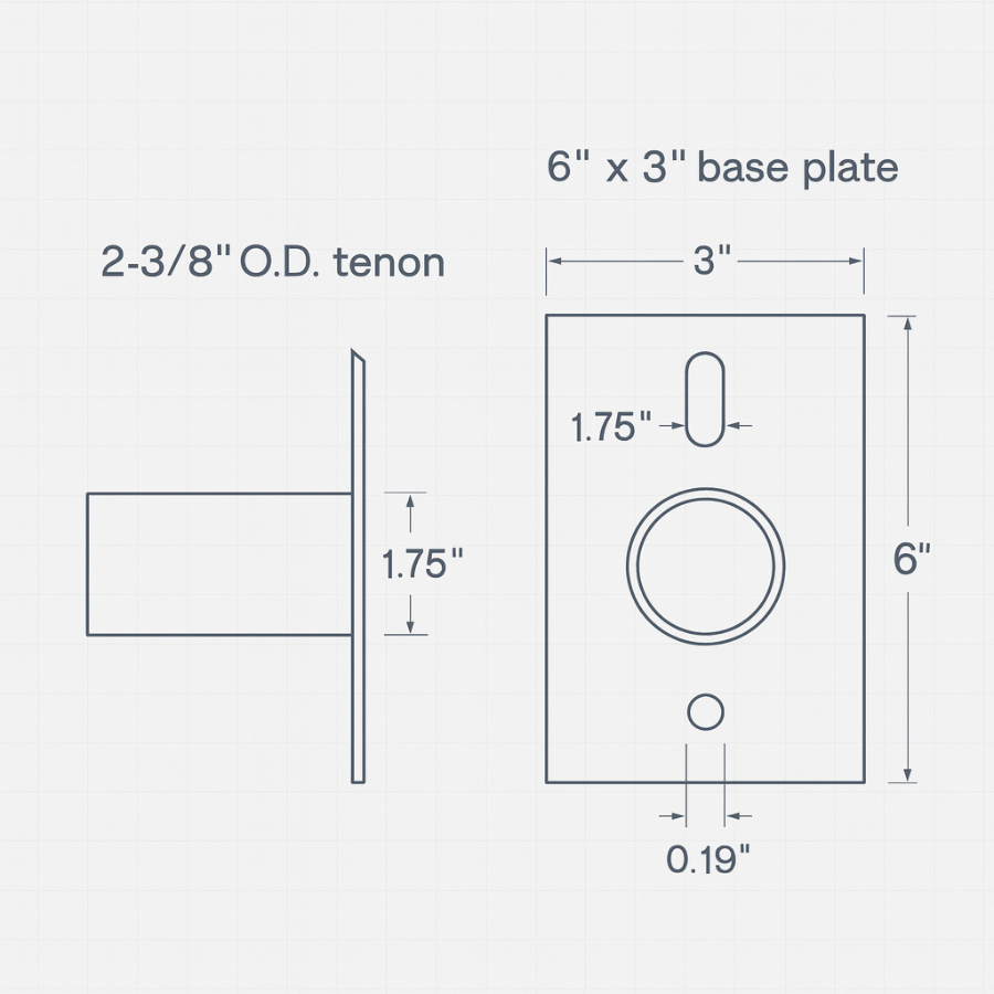 Technical drawing of a 6" x 3" base plate with dimensions labeled