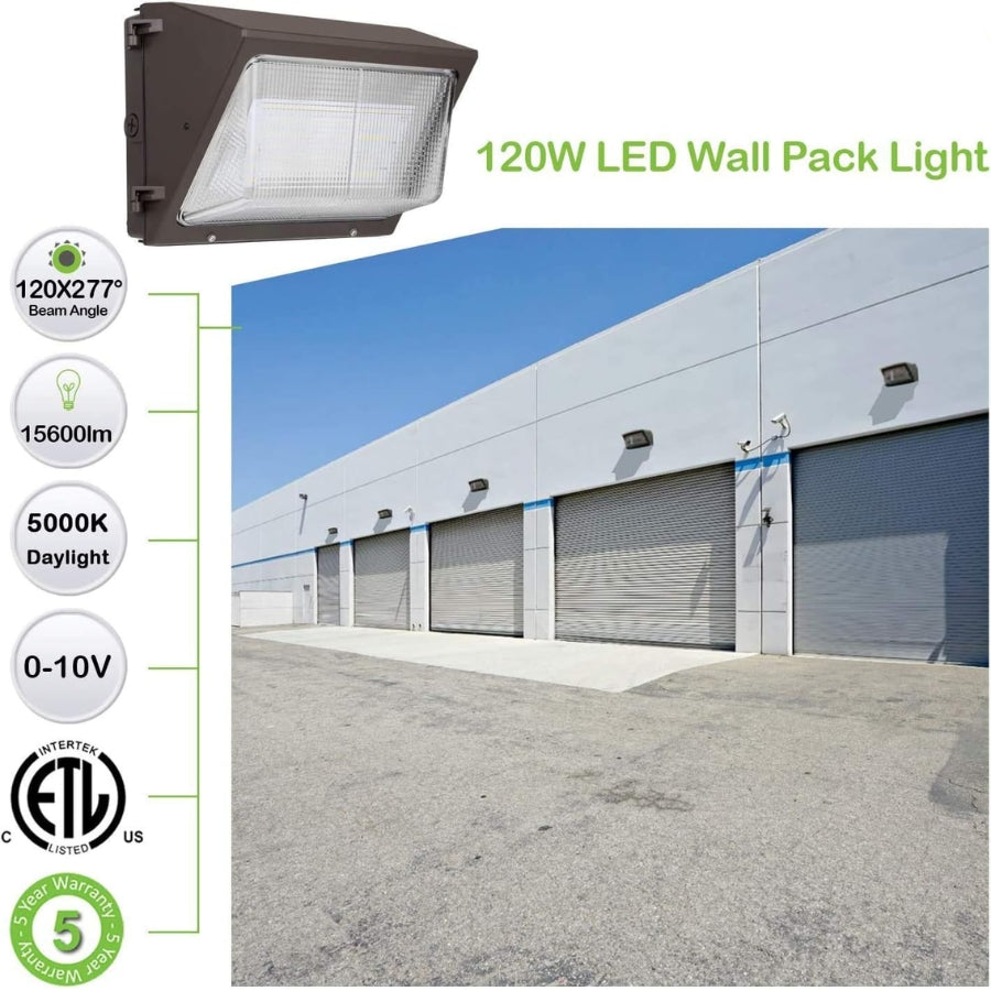 120W LED Wall Pack Light, 15,600 Lumens, 5700K Daylight, IP65 Waterproof, Optional Photocell, DLC Listed, 100–277V Commercial Outdoor Fixture, Replaces 400W MH – 5 Year Warranty