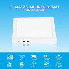1x1 FT LED Flat Panel Light Surface Mount, 15W/20W/24W 1875-3000LMs 5CCT 3000K-6500K Selectable, Triac Dimmable Ceiling Light Fixtures, Flush Mount for Kitchen Garage, Office, Home, White 2-Pack