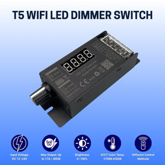 T5-WIFI LED Dimmer Switch 400W DC12-24V Dual Channel with Tuya Smart App Control, Adjustable PWM Frequency, Knob and RF Remote, Alexa and Google Assistant Compatible