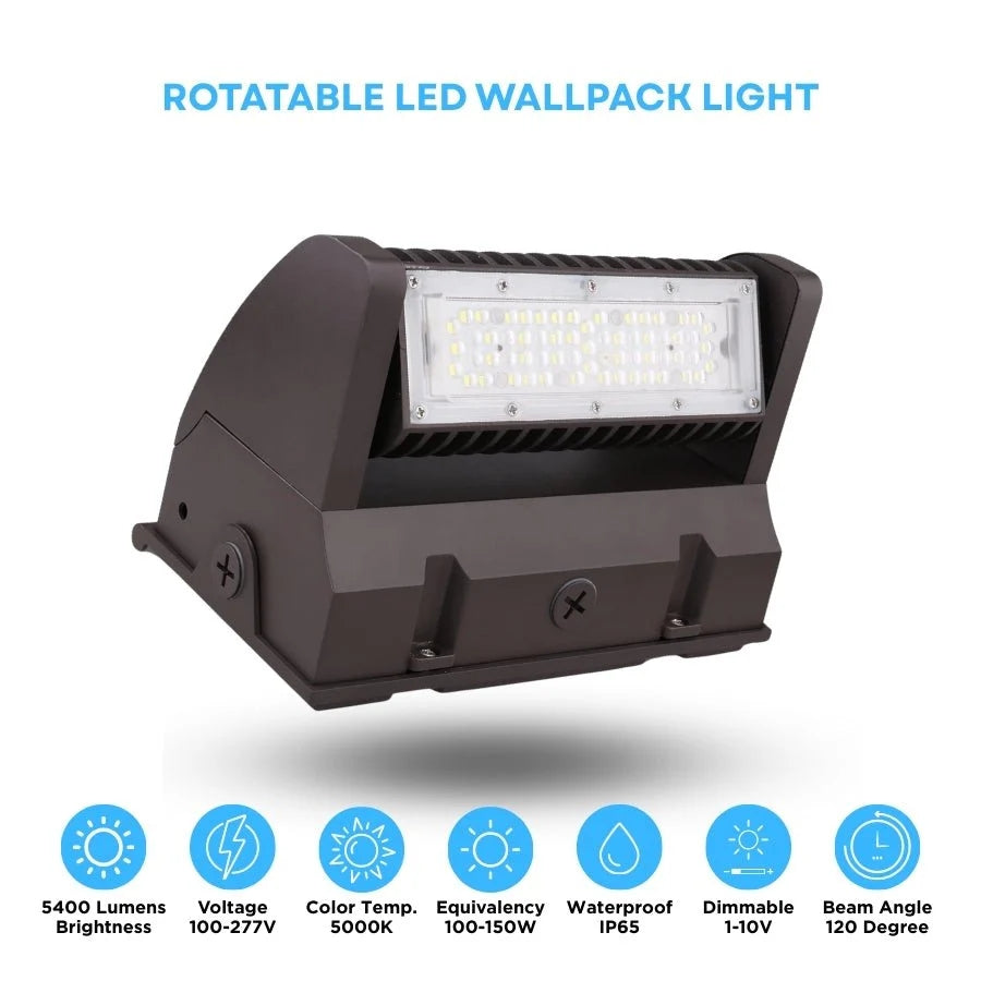 60W LED Wall Pack Light with Rotatable Head, 5000K Daylight, 16,200 Lumens, IP65 Waterproof Outdoor Security Fixture, UL Listed, Replaces 500W MH/HPS