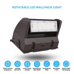 60W LED Wall Pack Light with Rotatable Head, 5000K Daylight, 16,200 Lumens, IP65 Waterproof Outdoor Security Fixture, UL Listed, Replaces 500W MH/HPS