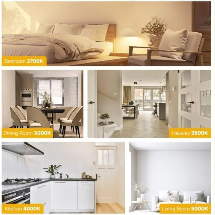 Collage of different rooms in a home with color temperature labels at fliptoled