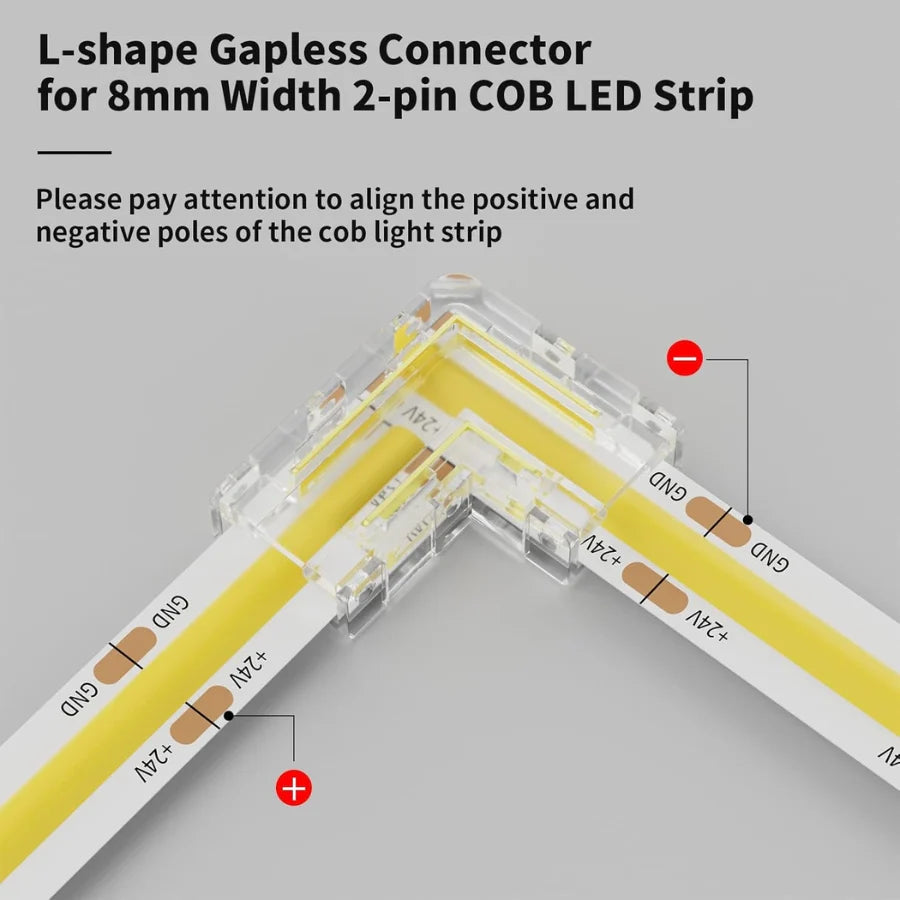 8mm COB Connector 8pcs L-Shaped/Corner Connector,Unwired Clips Solderless Adapter Terminal Extension Connection,2pcs Transparent Gapless Connectors for 2-Pin COB LED Strip Lights,NOT for 10mm