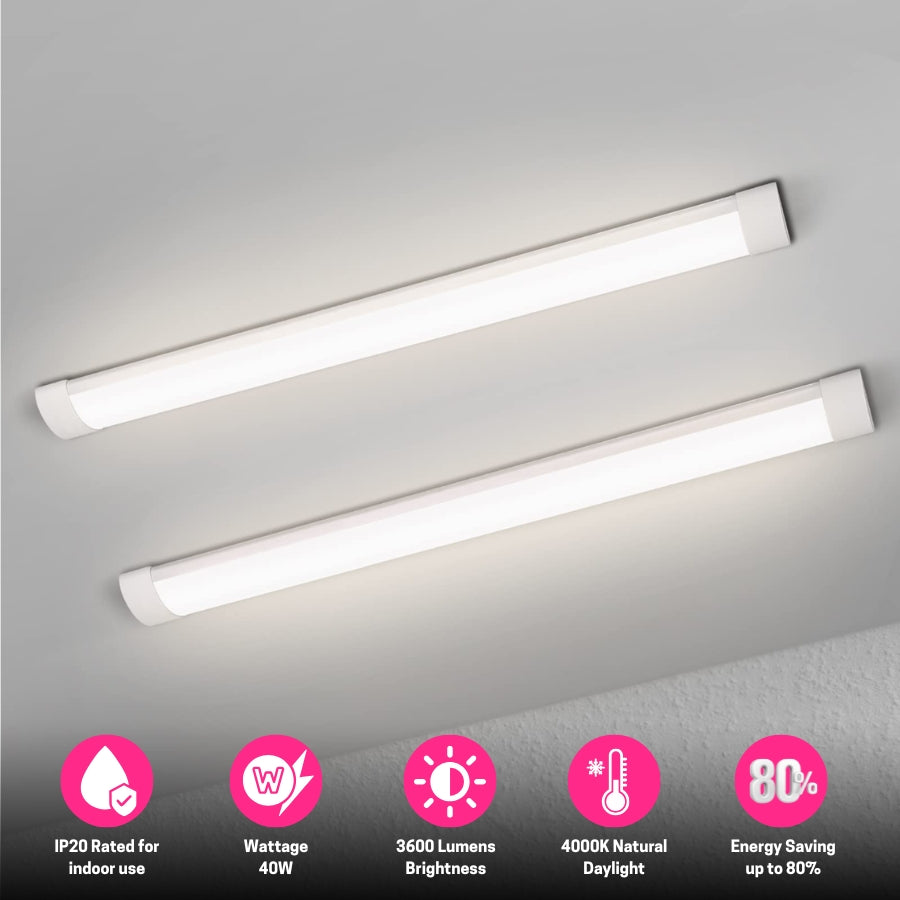 4FT LED Batten Light, Ultra-Slim Ceiling Surface Mounted Tube Light, 40W, 5000K Neutral White, 3600 Lumens, IP20, LED Ceiling Lamp for Office, Shop, Garage, Home, ver.2