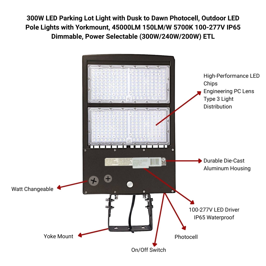 300W/240W/200W LED Parking Lot Light Fixtures, 5700K, 45000 Lumens, 150LM/W, Dusk to Dawn Photocell, IP65 Waterproof, York Mount, 100–277V, ETL Listed