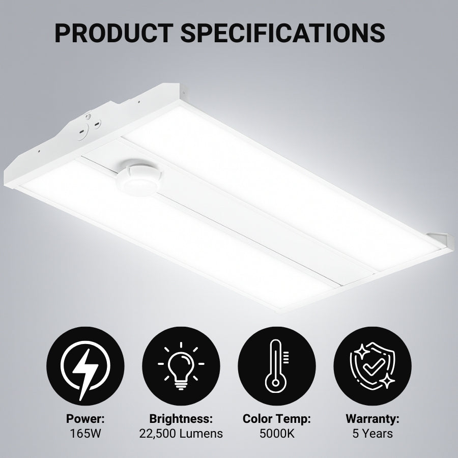 165W Linear LED High Bay Light with PIR Motion Sensor, 22,440 Lumens, 5000K Daylight, DLC 5.1 Premium, 400W MH Equivalent, Frosted PMMA Lens, 120-277V, Suspended Mounting, Warehouse & Industrial Lighting