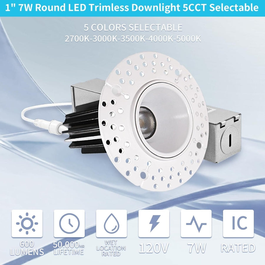 1 Inch 7W Round LED Trimless Downlight with Junction Box, 600 Lumens, 2700K/3000K/3500K/4000K/5000K Selectable, AC120V TRIAC/ELV dimmers, White Trim, IC Rated, CRI 90+ Wet Location ETL Listed 1PACK