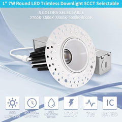 1 Inch 7W Round LED Trimless Downlight with Junction Box, 600 Lumens, 2700K/3000K/3500K/4000K/5000K Selectable, AC120V TRIAC/ELV dimmers, White Trim, IC Rated, CRI 90+ Wet Location ETL Listed 1PACK