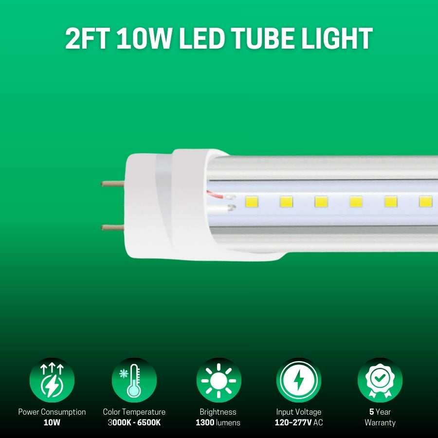 2FT LED Shop Light, 10W, Type A+B Tube, 1300 Lumens, G13 Base, 120–277V ...