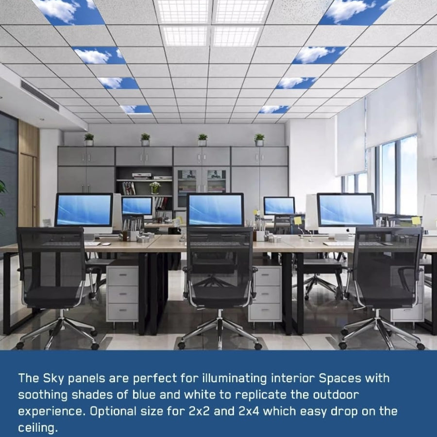 Modern office interior with desks, chairs, and computer monitors, featuring a ceiling with sky panel design. 2x2 FT LED Sky Light Flat Panel at fliptoled 