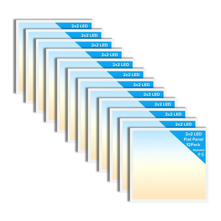 Multiple packages of 2x2 LED flat panel lights on a white background
