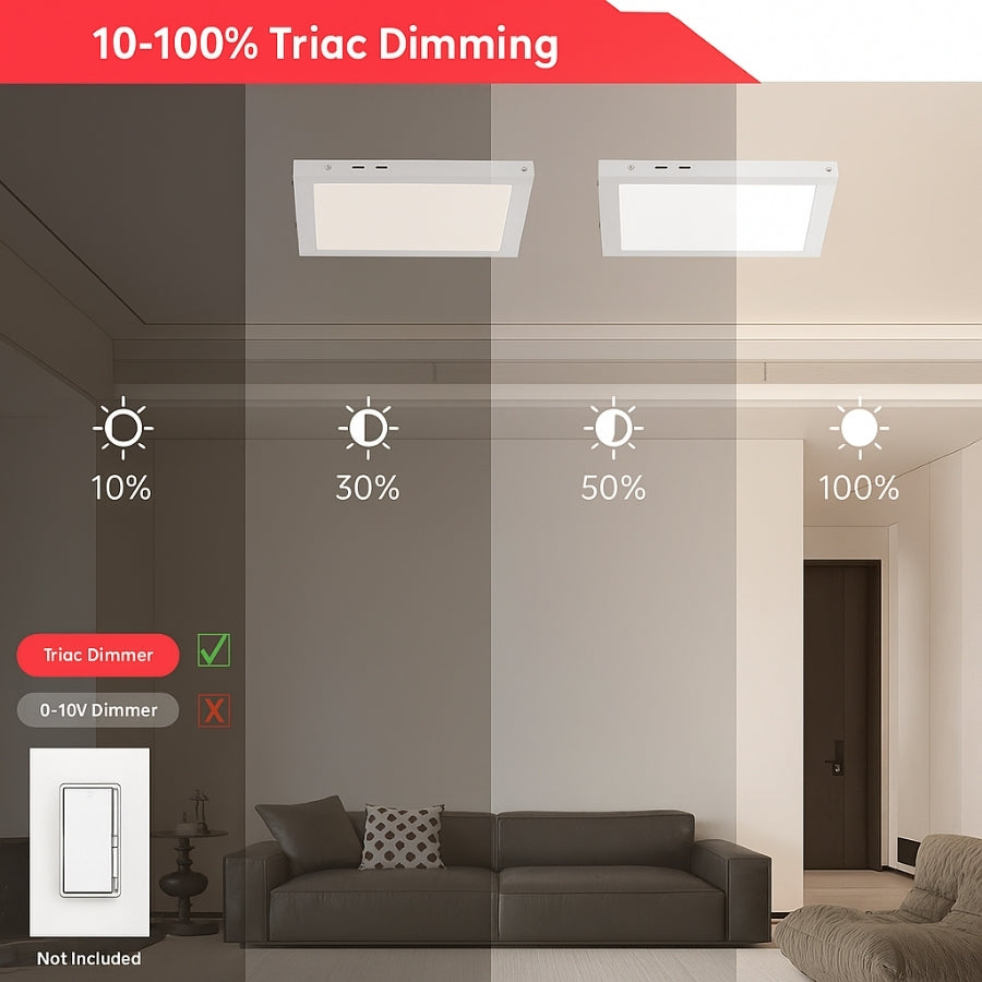Living room with two ceiling lights showing different levels of brightness and a triac dimmer control.
