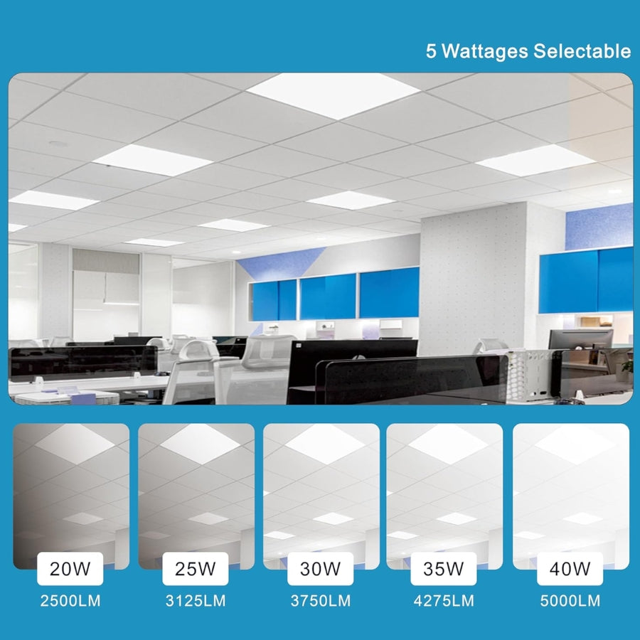 Office ceiling with multiple light fixtures and wattage options displayed below. 2x2 flat panel led lights​ 5cct at fliptoled 