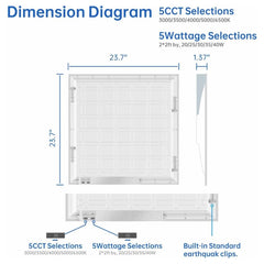 Dimension diagram of 2x2 flat panel led lights​ fixture with measurements and specifications.