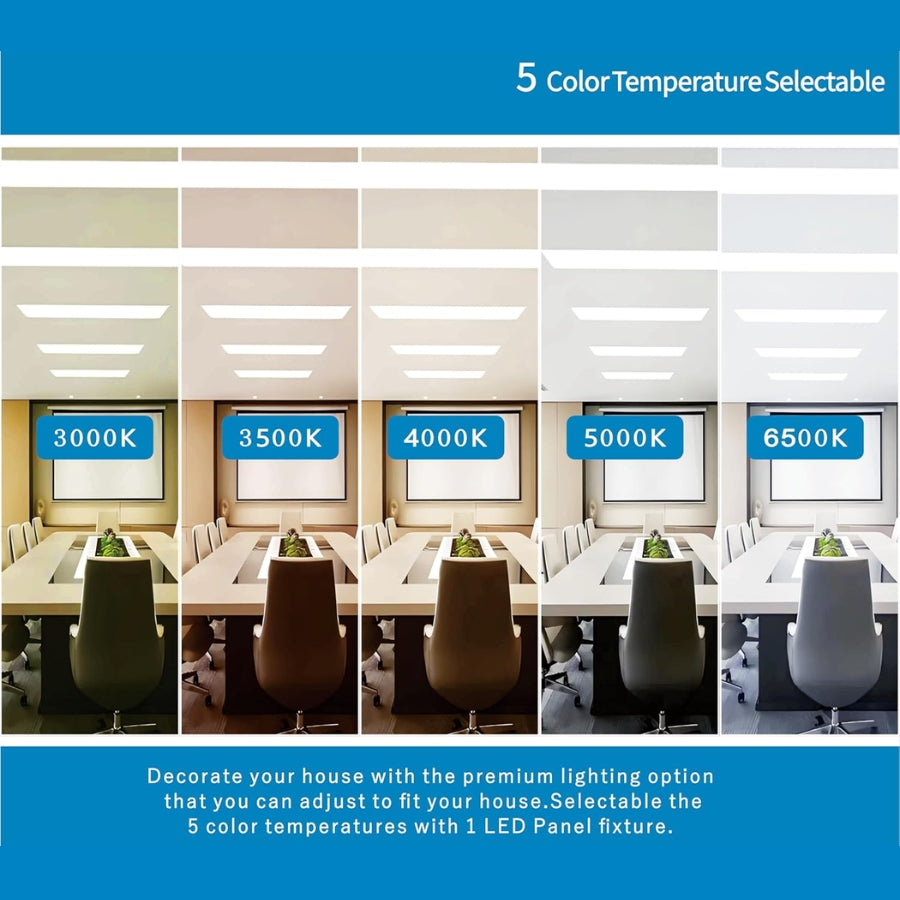 Comparison of a conference room with different color temperature settings on LED panels. 2x2 led flat panel surface mount at fliptoled 