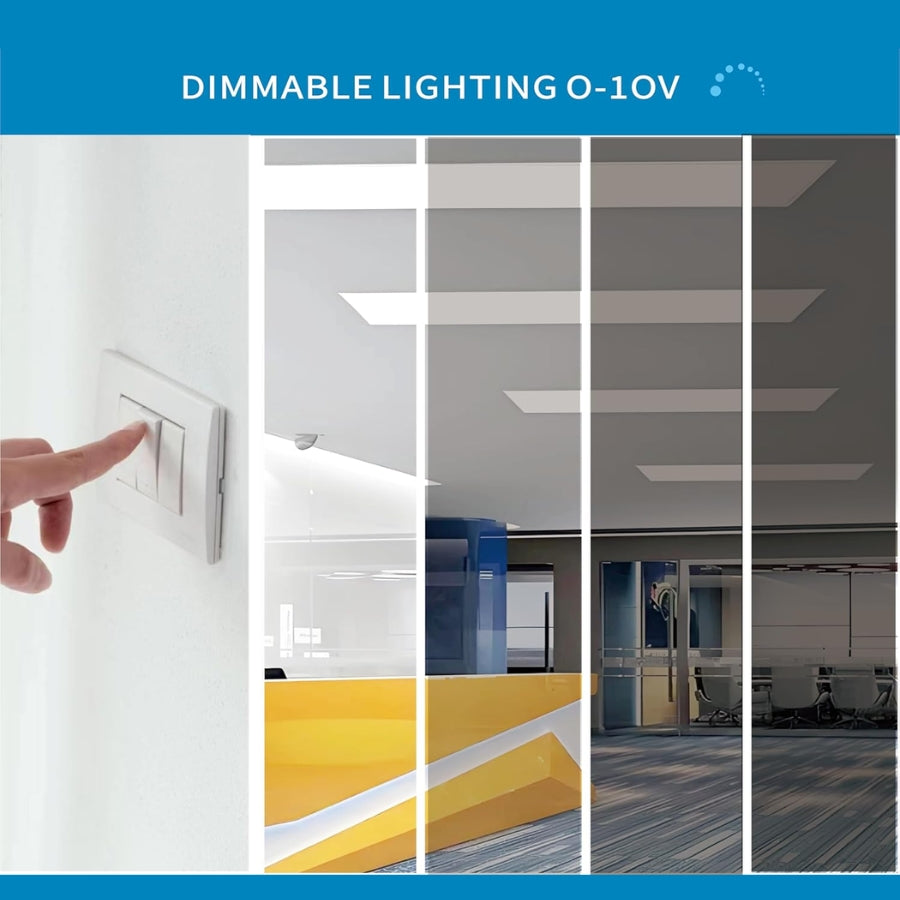 Dimmable lighting control switch with office interior background 2x2 led flat panel surface mount 