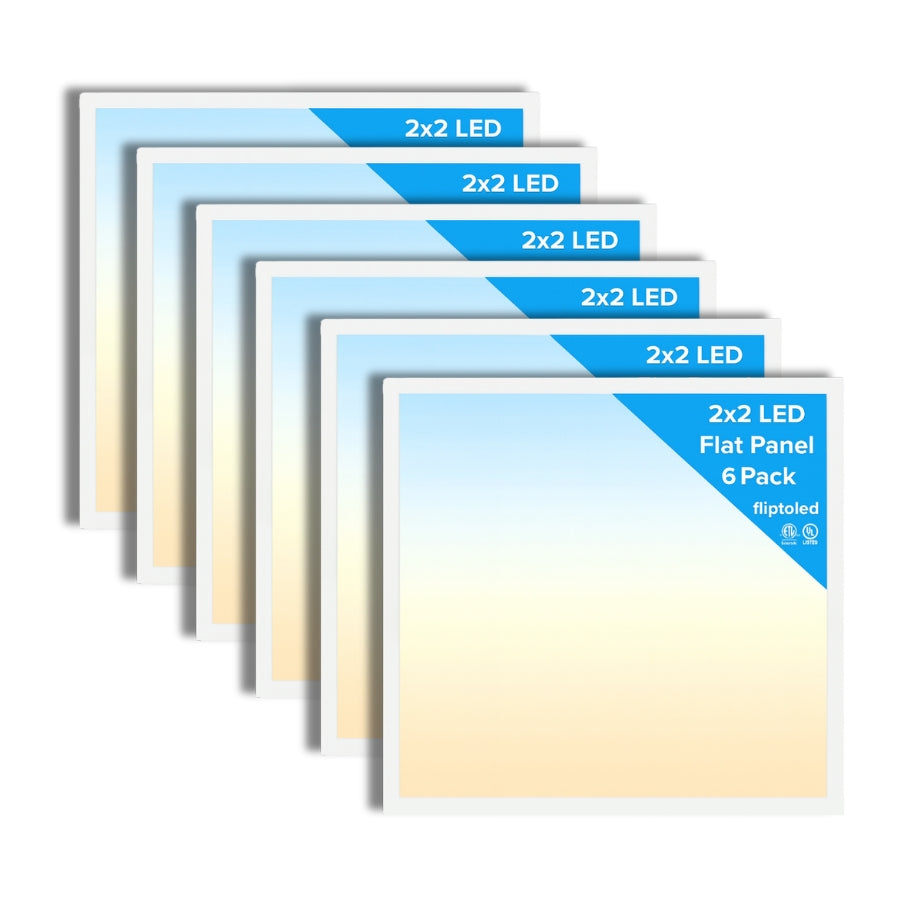 Six 2x2 LED flat panel lights with gradient color display on a white background.