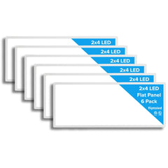 Six LED flat panel lights with '2x4 LED' and '2x4 LED Flat Panel 6 Pack' labels on a white background.