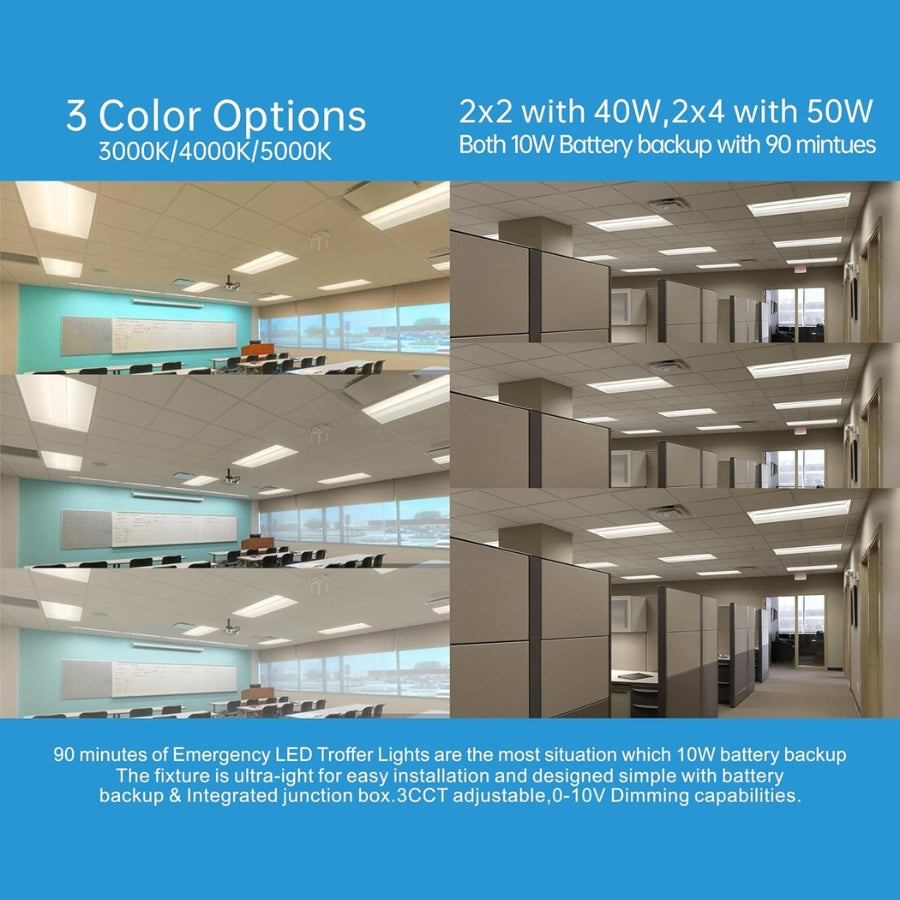 Commercial office space with ceiling lights and text about color options and specifications.