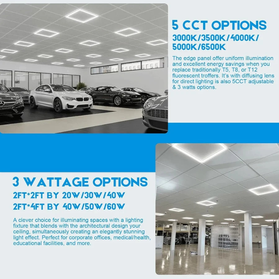 Advertisement for LED lights with car showroom and office interior images, highlighting CCT and wattage options.