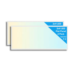 Packaging of 2x4 LED flat panel lights with a gradient design on a white background.