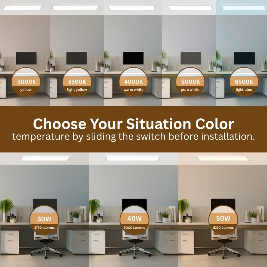 Office setup with computer monitors and desks, featuring color temperature and wattage options.