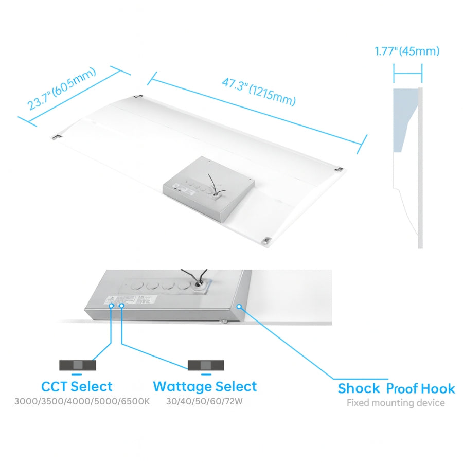Measurement chart of a light fixture with dimensions and features labeled.