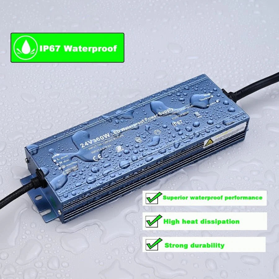 24V LED Driver 300W Waterproof IP67 Outdoor Power Supply – Transformer Adapter AC100V-130V to DC24V 12.5A, 3 Pin Plug for LED Strips, Signage, Landscape Lights