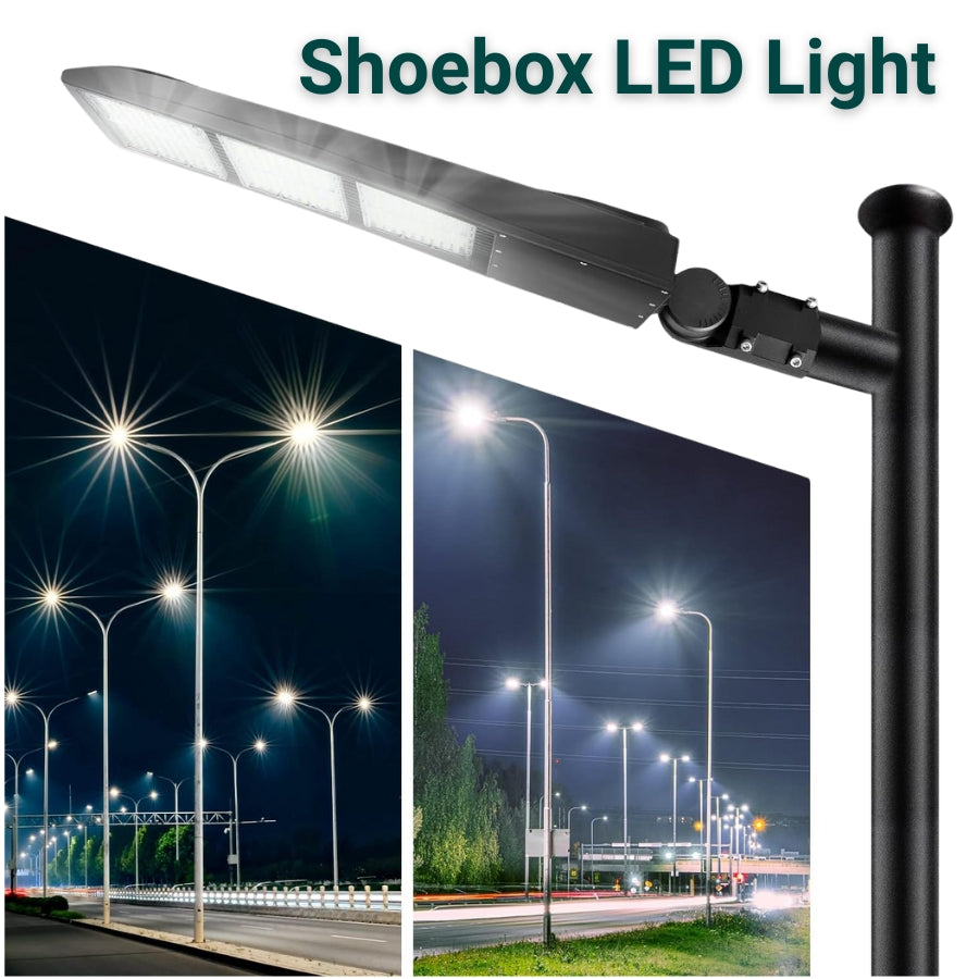 Shoebox LED light on a pole with streetlight scenes in the background
