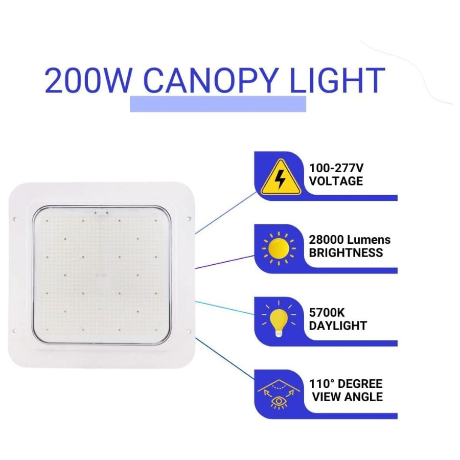 200W LED Canopy Light,28000 Lumens,600-850W HPS/HID Replacement,140 LM/W, 5700K Cool White, Waterproof Outdoor Rated, DLC&UL Listed, Gas Station, Street, Area & Outdoor Lighting, White