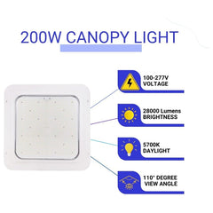 200W LED Canopy Light,28000 Lumens,600-850W HPS/HID Replacement,140 LM/W, 5700K Cool White, Waterproof Outdoor Rated, DLC&UL Listed, Gas Station, Street, Area & Outdoor Lighting, White
