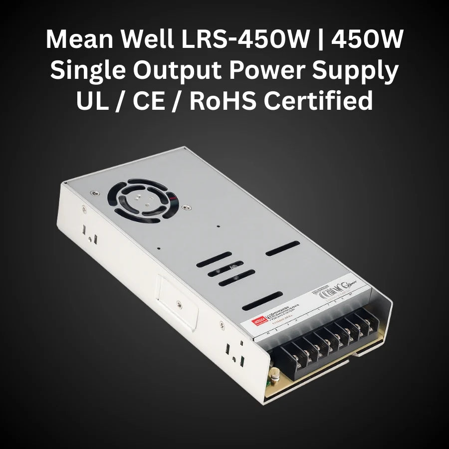 LRS-450 450W24V Single Output Switching Power Supply – 110-277AC Input, UL/CE/RoHS Certified, 87–92% Efficiency, 12V/24V Output, Compact 35mm Low-Profile, Industrial Grade, 3-Year Warranty