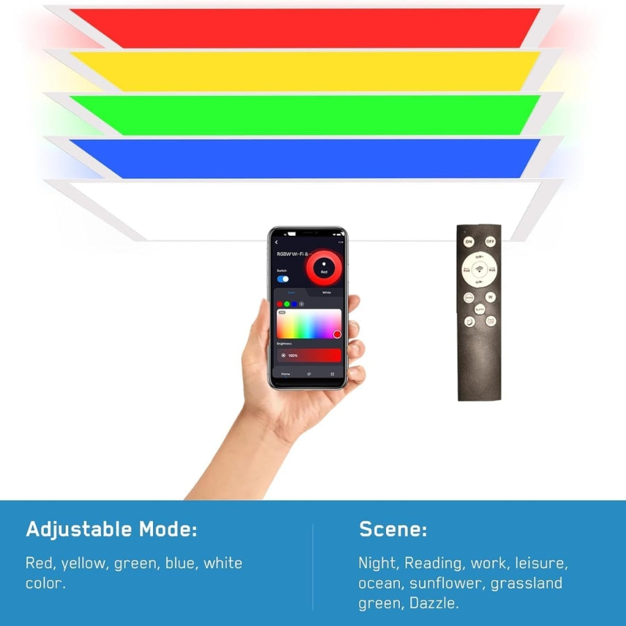 2x2 FT LED RGBW 5000K Multicolor Flat Panel Light Remote & App Controlled 40W 4400lm Color Changing LED Panel Light Smart Wi-Fi Drop Ceiling Light with Alexa/Google Assistant