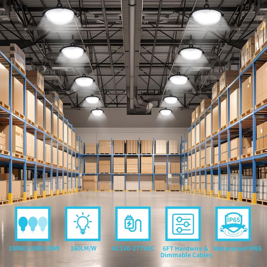 150W/120W/100W UFO LED High Bay Light, 24000Lumens, 3 Colors 4K 5K 5.7K, 6FT Hardwire & Dimmable Cables with G1/2 Hook, IP65, 120-277V, UL DLC Certified - Warehouse Gym Factory Commercial Lighting