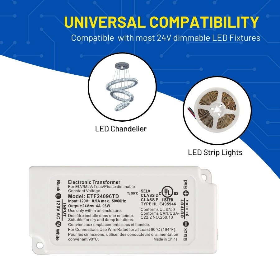 96W 24V Dimmable LED Driver – UL Listed Class 2 Power Supply, 120V AC to 24V DC Transformer, Triac/ELV Dimmable, Short Circuit & Overload Protection, for LED Strip Lights, Low Voltage Lighting
