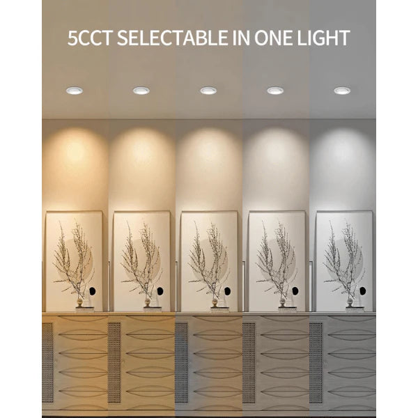 Lighting fixture with 5 selectable color temperatures displayed on a wall at fliptoled