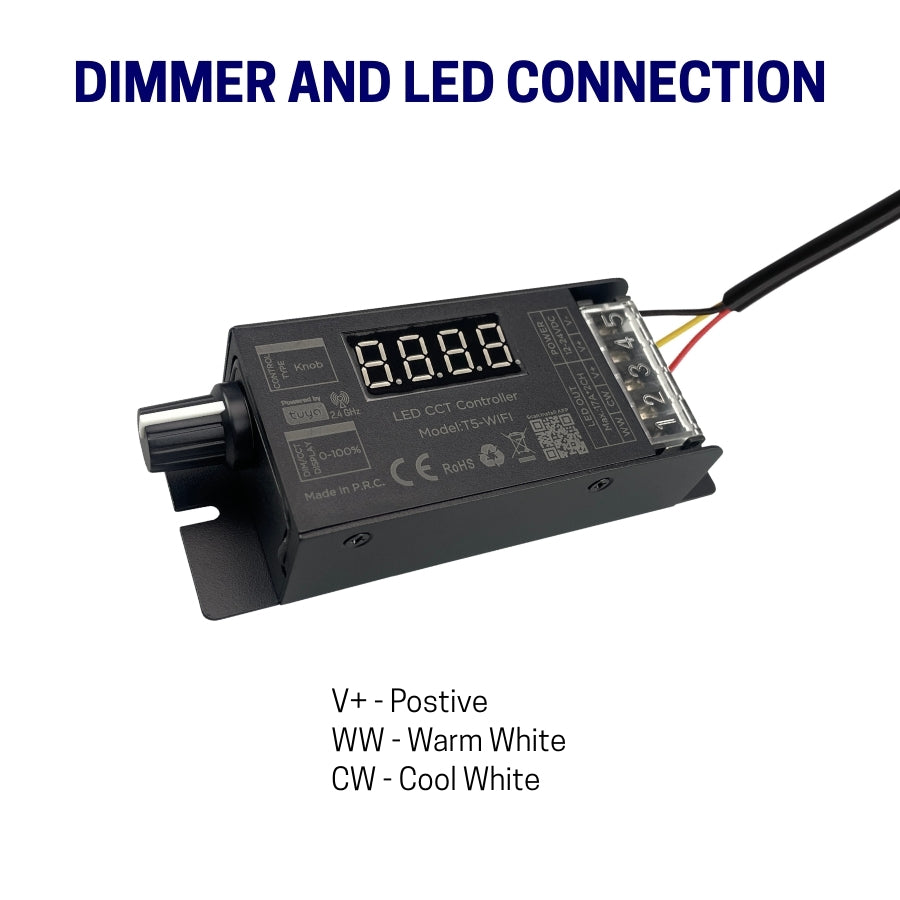 T5-WIFI LED Dimmer Switch 400W DC12-24V Dual Channel with Tuya Smart App Control, Adjustable PWM Frequency, Knob and RF Remote, Alexa and Google Assistant Compatible