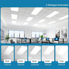 2x4 FT LED Light Flat Panel, 40W-72W, 5 CCT 3K | 3.5K | 4K | 5K | 6.5K, Dimmable Recessed Drop Ceiling Lights, 3750/5000/6250/7500/9000 Lumens, Lay in Fixture for Office, 120-277V, UL DLC