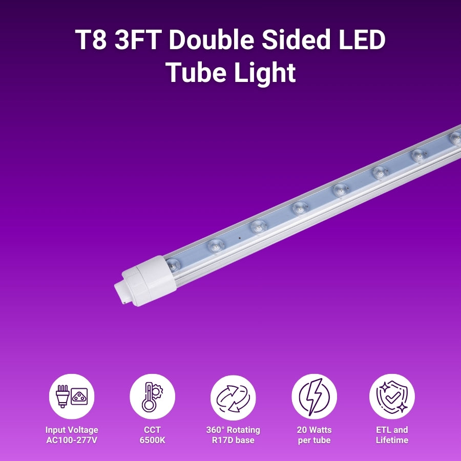 T8 3FT Double Sided LED Tube Light on a purple background with specifications listed.