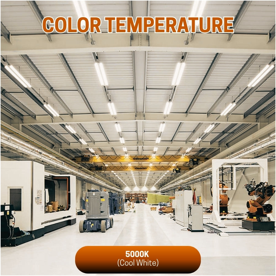 Factory interior with 'Color Temperature' text and '5000K (Cool White)' label.