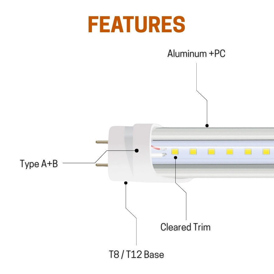 LED tube light with labeled features on a white background