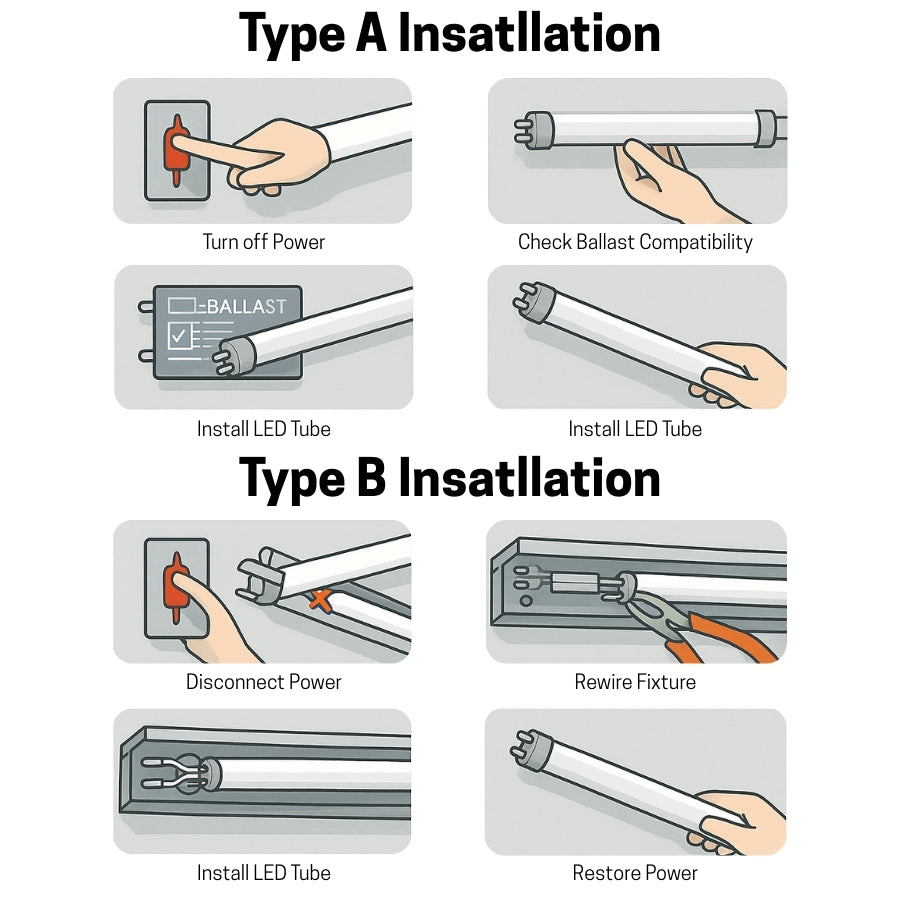 Step-by-step guide for installing LED tubes with illustrations of hands performing tasks.