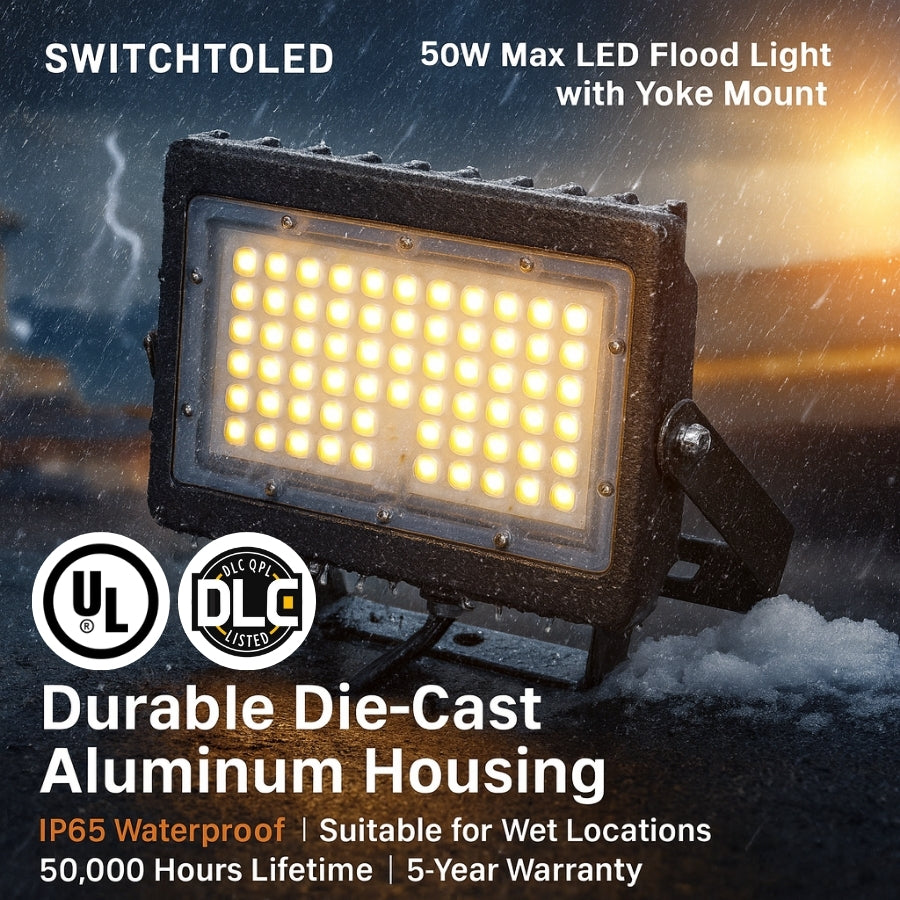 50W Max LED Flood Light with Yoke Mount — Selectable Wattage 30W/40W/50W & 3CCT (3000K–5000K), 7,250 Lumens, Photocell Included, 0-10V Dimmable, IP65 Waterproof, 250W MH Equivalent, UL/DLC Premium, 50,000 Hrs, 5-Year Warranty