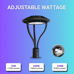 LED Post Top Light - 75W/100W/150W Selectable, 3000K/4000K/5000K CCT, AC100-277V, Black T5 3" Mount, Frosted Glass Cover, Outdoor Waterproof Fixture, Compatible with Photocell, 5-Year Warranty for Street, Yard, Garden