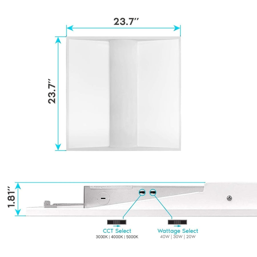 2x2 LED Troffer Center Basket Panel, Color Tunable 3000K/4000K/5000K, Watt Adjustable 20W/30W/40W-Up to 5000 Lumens, 0-10V Dimmable, 100-277V-ETL&DLC Qualified, 4-Pack