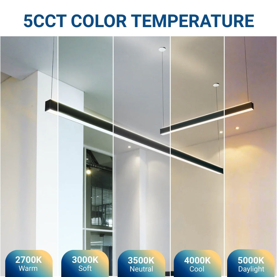 8FT Linear LED Light Fixture, 80W 9600lm, CCT Selectable, 120-277V, Black Housing, Suspended or Surface Mount, Energy-Efficient LED Strip Lighting for Commercial & Residential Use